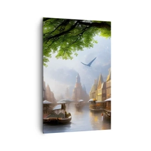 Cuadro sobre lienzo - Impresión de Imagen - Un pintoresco paisaje holandés con un canal y casas de vecindad. - 80x120cm - Paisaje urbano holandés - Decoración de pared moderna para salón y dormitorio ARTTOR