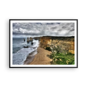 Póster en marco negro - Costa de acantilados con playa y formaciones rocosas - 100x70cm - Belleza en bruto - Decoración de pared moderna para salón y dormitorio ARTTOR