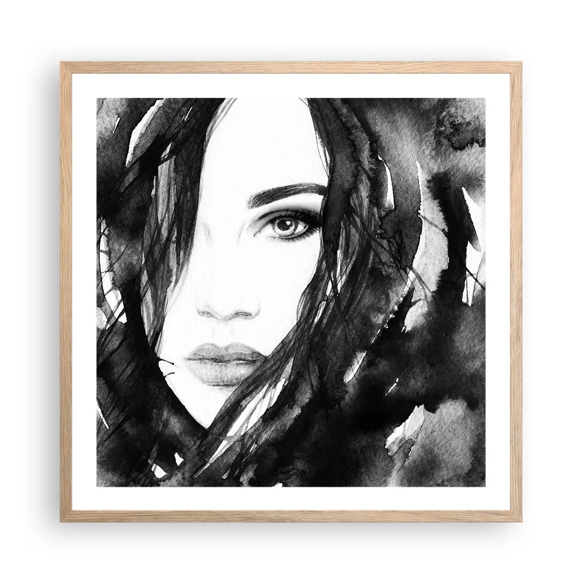 Póster en marco roble claro - Retrato de una dama en blanco y negro - 60x60 cm