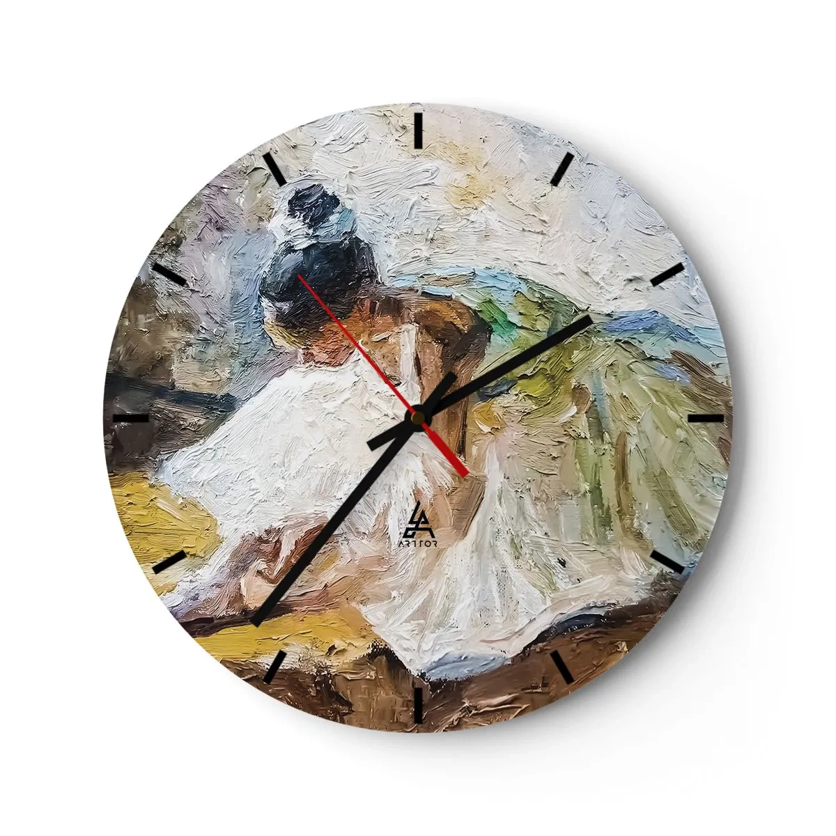 Reloj de pared - Reloj de vidrio - Una bailarina de ballet con un vestido blanco representada en estilo impresionista. - 30x30cm - De un cuadro de Degas - Decoración de pared moderna para salón, cocina y dormitorio ARTTOR
