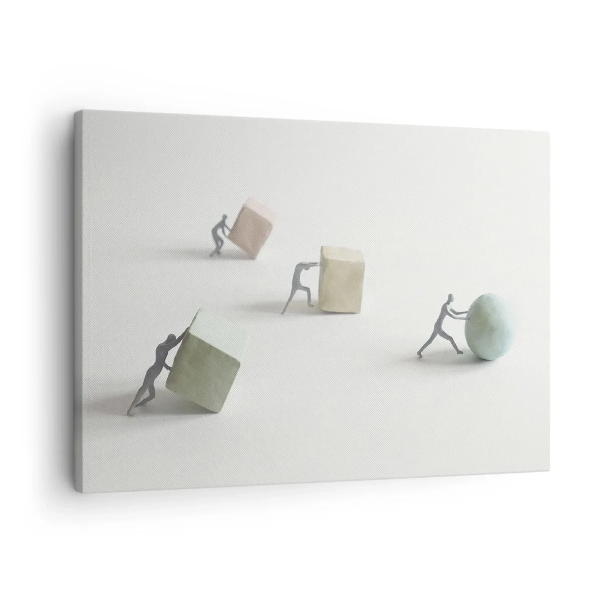 Cuadro sobre lienzo - Impresión de Imagen - Figuras en miniatura que empujan formas contra un fondo claro. - 70x50cm - El avance de la geometría - Decoración de pared moderna para salón y dormitorio ARTTOR