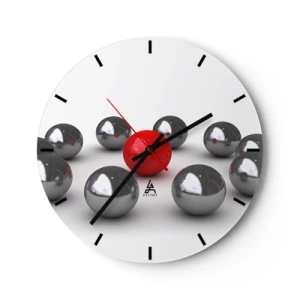 Reloj de pared - Reloj de vidrio - Bolas rojas y plateadas sobre un fondo blanco, un patrón minimalista. - 30x30cm - Círculo en plata y rojo - Decoración de pared moderna para salón, cocina y dormitorio ARTTOR