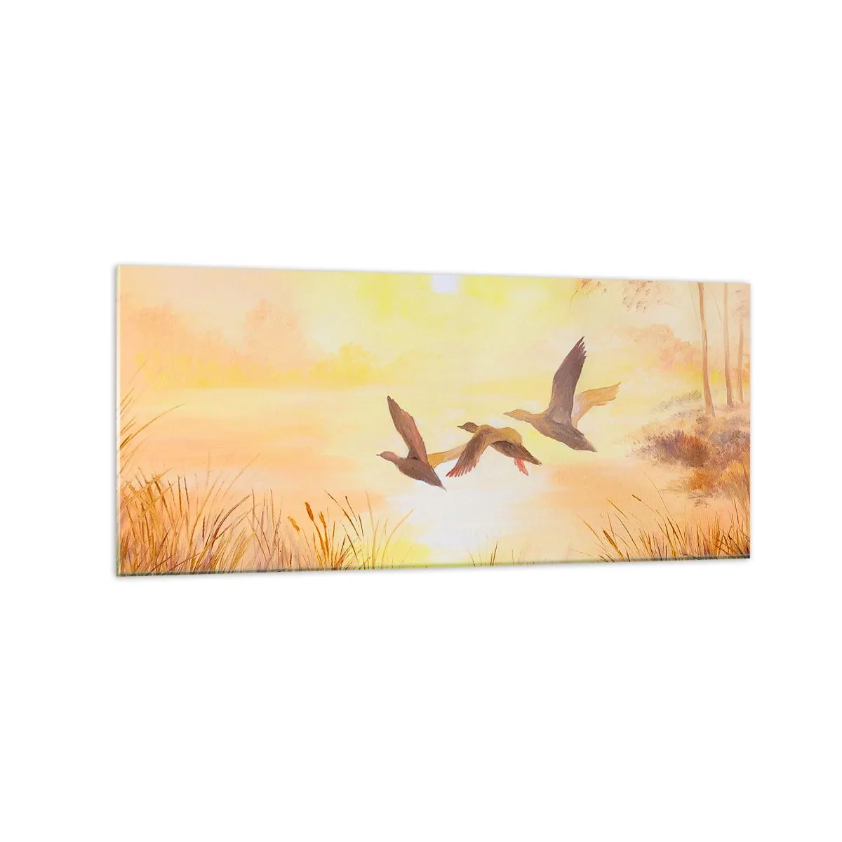 Cuadro sobre vidrio - Impresiones sobre Vidrio - Patos volando al amanecer sobre el lago - 120x50cm - El comienzo de un largo viaje - Decoración de pared moderna para salón y dormitorio ARTTOR