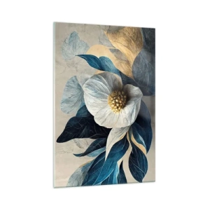 Cuadro sobre vidrio - Impresiones sobre Vidrio - Una flor con hojas azules sobre un fondo elegante. - 70x100cm - Con un corazón de oro - Decoración de pared moderna para salón y dormitorio ARTTOR