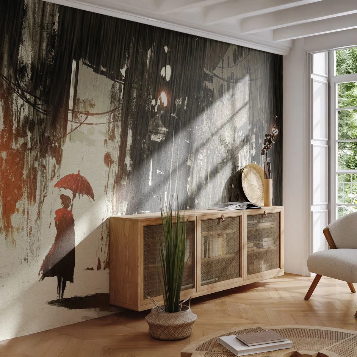 Fotomural Premium Sand - Poesía de un paraguas rojo - Ciudad, Mujer, Arquitectura - 300x210 cm