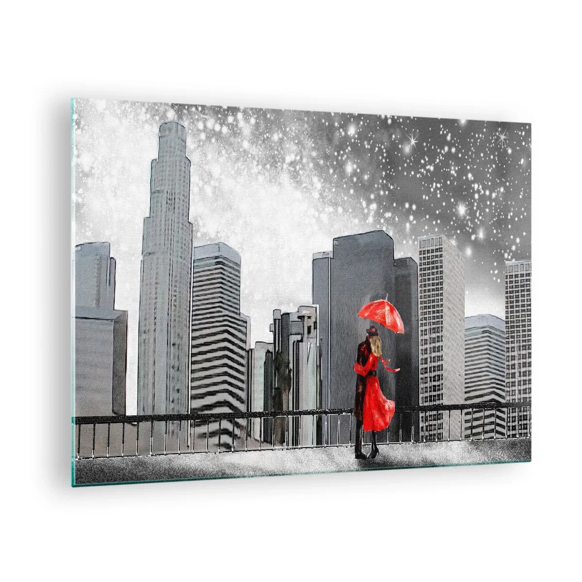 Cuadro sobre vidrio - Impresiones sobre Vidrio - Una pareja con un paraguas rojo de pie frente a un paisaje urbano por la noche. - 70x50cm - Amor en la jungla urbana - Decoración de pared moderna para salón y dormitorio ARTTOR