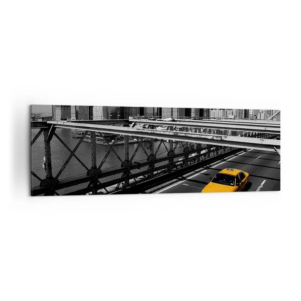 Cuadro sobre lienzo - Impresión de Imagen - Taxi amarillo en un puente con vistas al horizonte de Nueva York - 160x50cm - El color de la gran ciudad - Decoración de pared moderna para salón y dormitorio ARTTOR