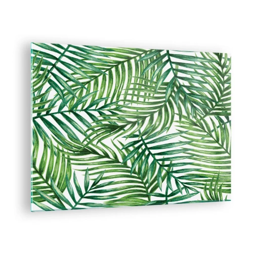 Cuadro sobre vidrio - Impresiones sobre Vidrio - Hojas de palma verdes sobre un fondo blanco que crean un patrón geométrico. - 70x50cm - Bajo el verde - Decoración de pared moderna para salón y dormitorio ARTTOR