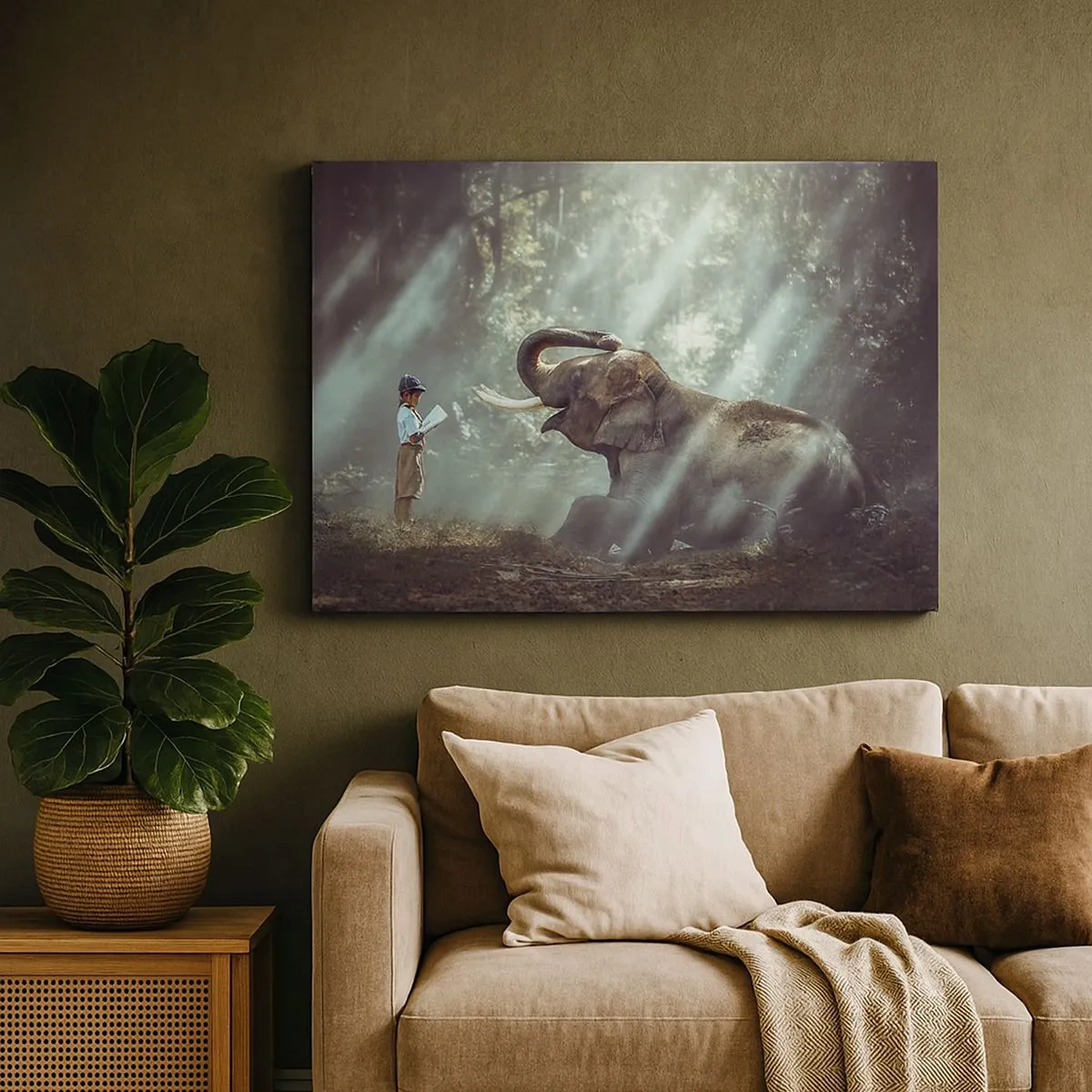 Cuadro sobre lienzo - Impresión de Imagen - Un niño y un elefante en un entorno forestal iluminado por la luz del sol. - 70x50cm - Y escucha esto... - Decoración de pared moderna para salón y dormitorio ARTTOR