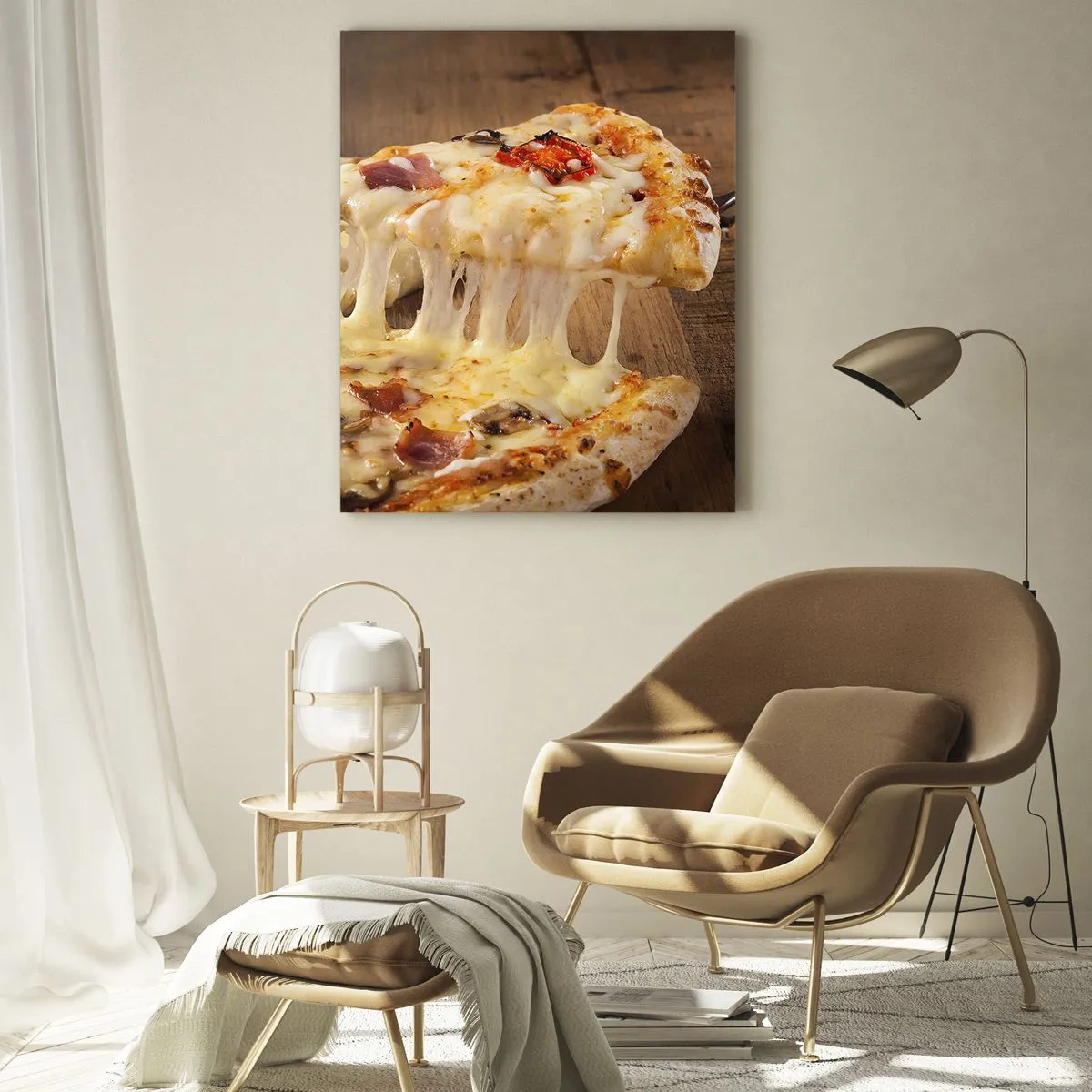 Cuadro sobre vidrio - Impresiones sobre Vidrio - Pizza con queso fibroso, tomates y jamón sobre un fondo de madera - 50x70cm - Una obra maestra del arte italiano - Decoración de pared moderna para salón y dormitorio ARTTOR