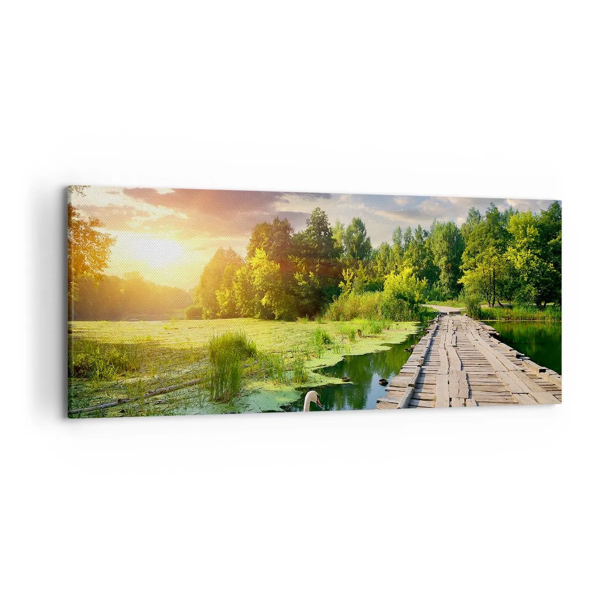 Cuadro sobre lienzo - Impresión de Imagen - Un paisaje pintoresco con un puente y un cisne. - 120x50cm - Verano, verano en todas partes - Decoración de pared moderna para salón y dormitorio ARTTOR