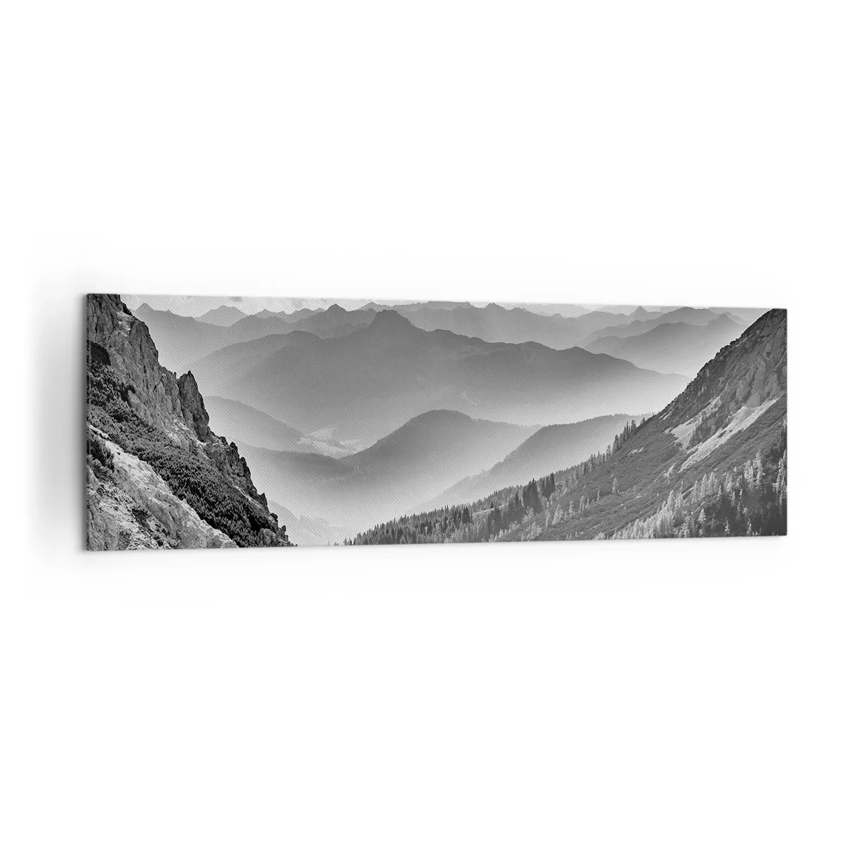 Cuadro sobre lienzo - Impresión de Imagen - Paisaje de montaña en blanco y negro con nubes sobre los picos. - 160x50cm - Hasta el horizonte - Decoración de pared moderna para salón y dormitorio ARTTOR