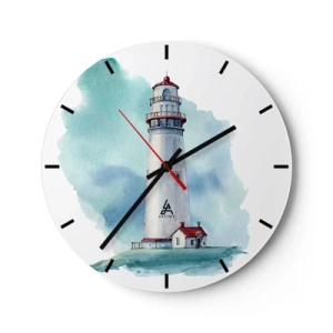 Reloj de pared - Reloj de vidrio - Un faro de acuarela en tonos marinos tranquilos. - 30x30cm - Gentil hermana del azul - Decoración de pared moderna para salón, cocina y dormitorio ARTTOR