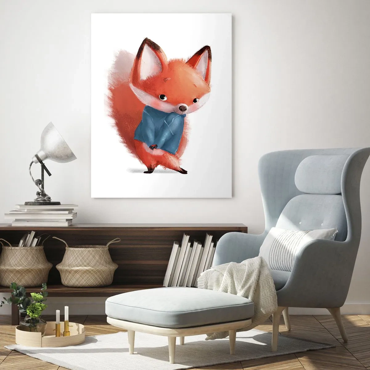 Cuadro sobre vidrio - Impresiones sobre Vidrio - Un lindo zorro con un suéter azul sobre un fondo blanco. - 50x70cm - ¿Me veo bien con esto? - Decoración de pared moderna para salón y dormitorio ARTTOR