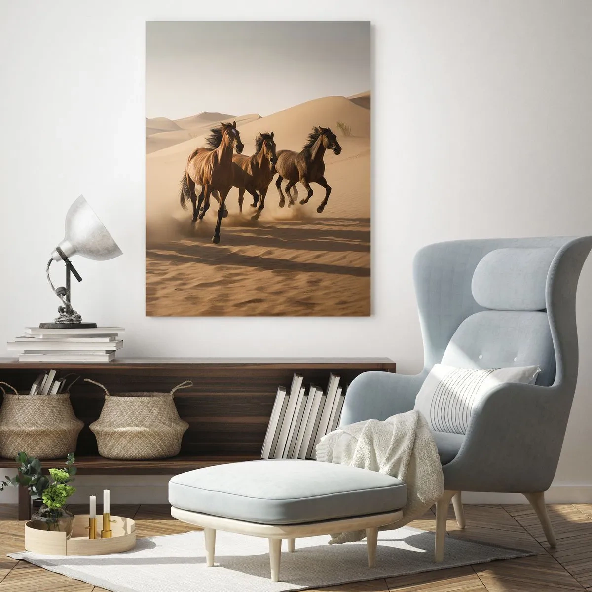 Cuadro sobre vidrio - Impresiones sobre Vidrio - Una manada de caballos al galope en el desierto entre las dunas de arena. - 50x70cm - Libre como el viento - Decoración de pared moderna para salón y dormitorio ARTTOR