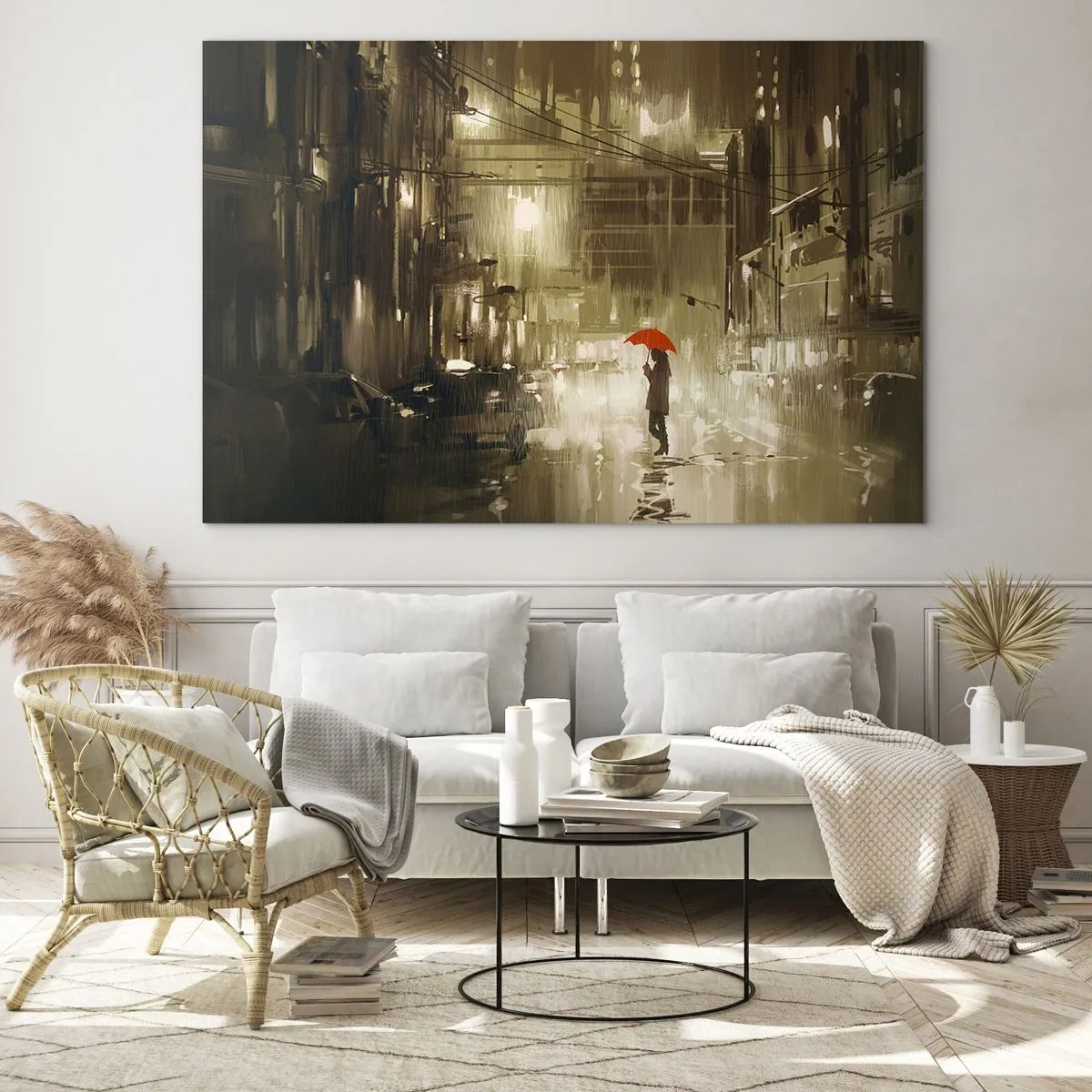 Cuadro sobre vidrio - Impresiones sobre Vidrio - Persona con paraguas rojo bajo la luz lluviosa de la ciudad por la noche - 70x50cm - Soledad en la urbe - Decoración de pared moderna para salón y dormitorio ARTTOR