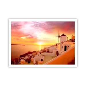 Póster - Santorini al atardecer con un molino de viento - 100x70cm - Blanco y dorado - Decoración de pared moderna para salón y dormitorio ARTTOR