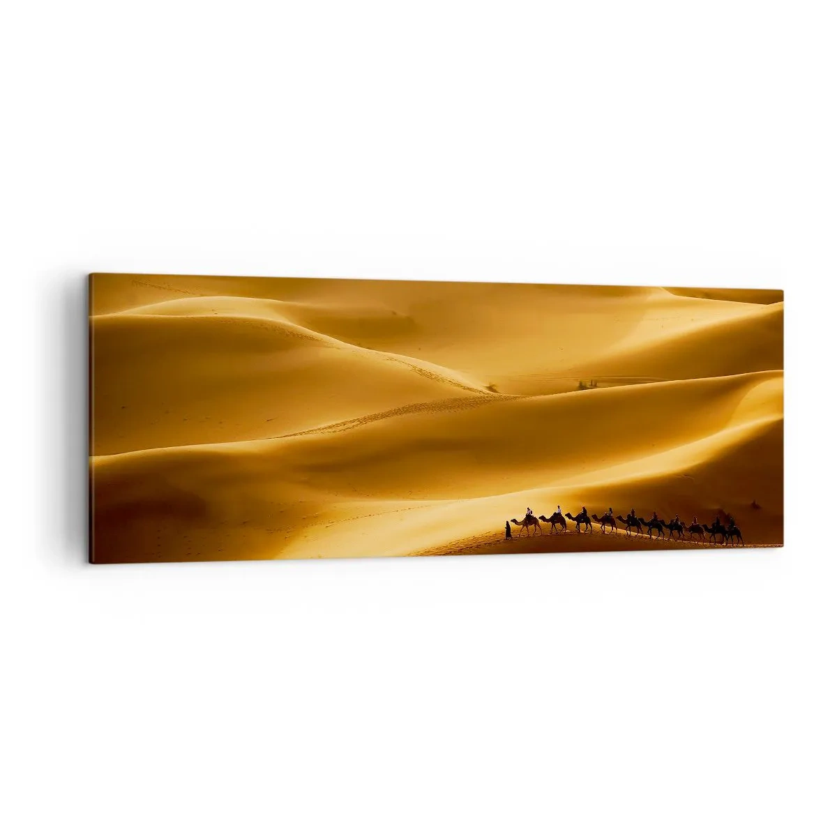 Cuadro sobre lienzo - Impresión de Imagen - Una caravana de camellos vagando por las dunas doradas del desierto. - 140x50cm - Caravana sobre las olas del desierto - Decoración de pared moderna para salón y dormitorio ARTTOR