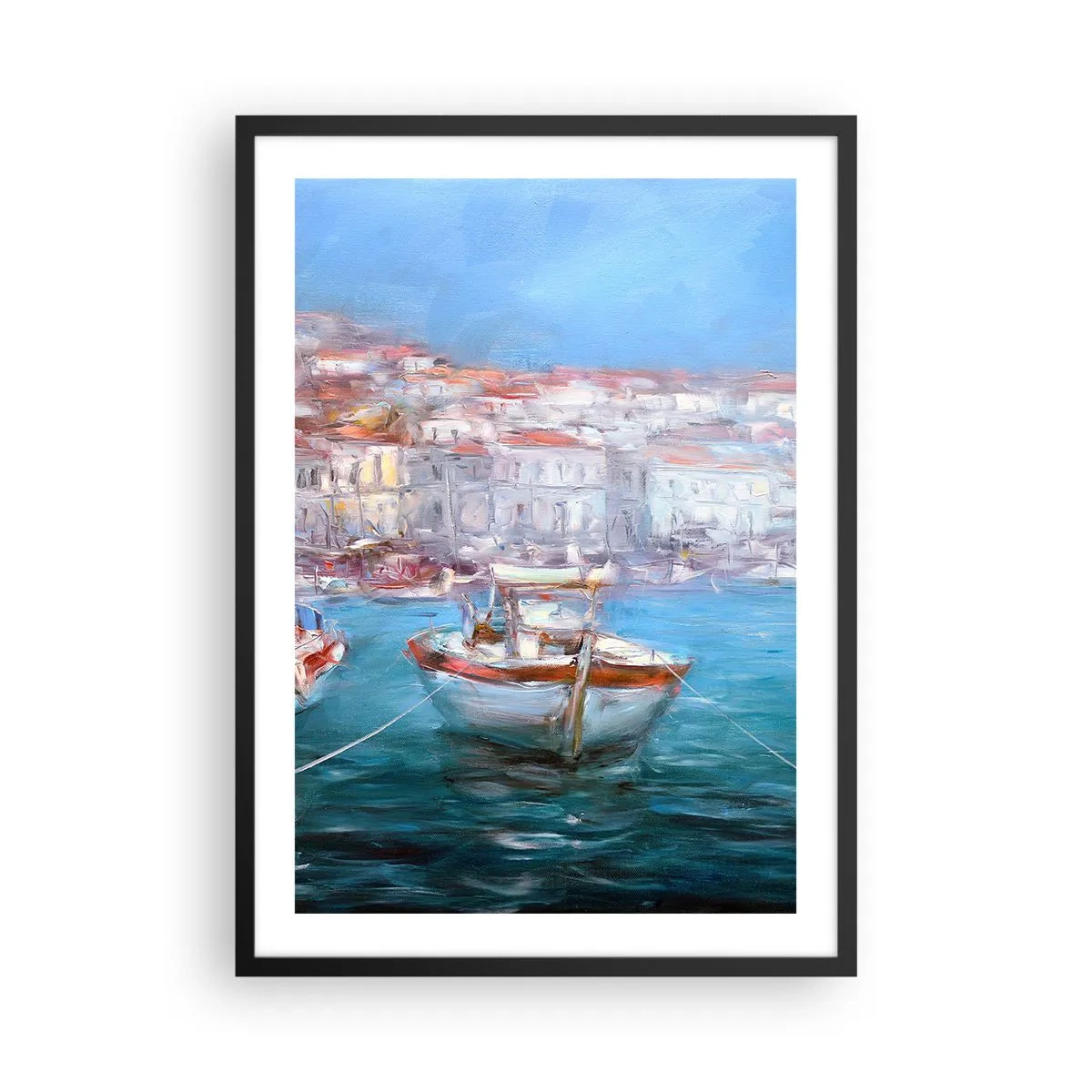 Póster en marco negro - Un barco en el puerto, con vistas a la ciudad. - 50x70cm - Bahía italiana - Decoración de pared moderna para salón y dormitorio ARTTOR