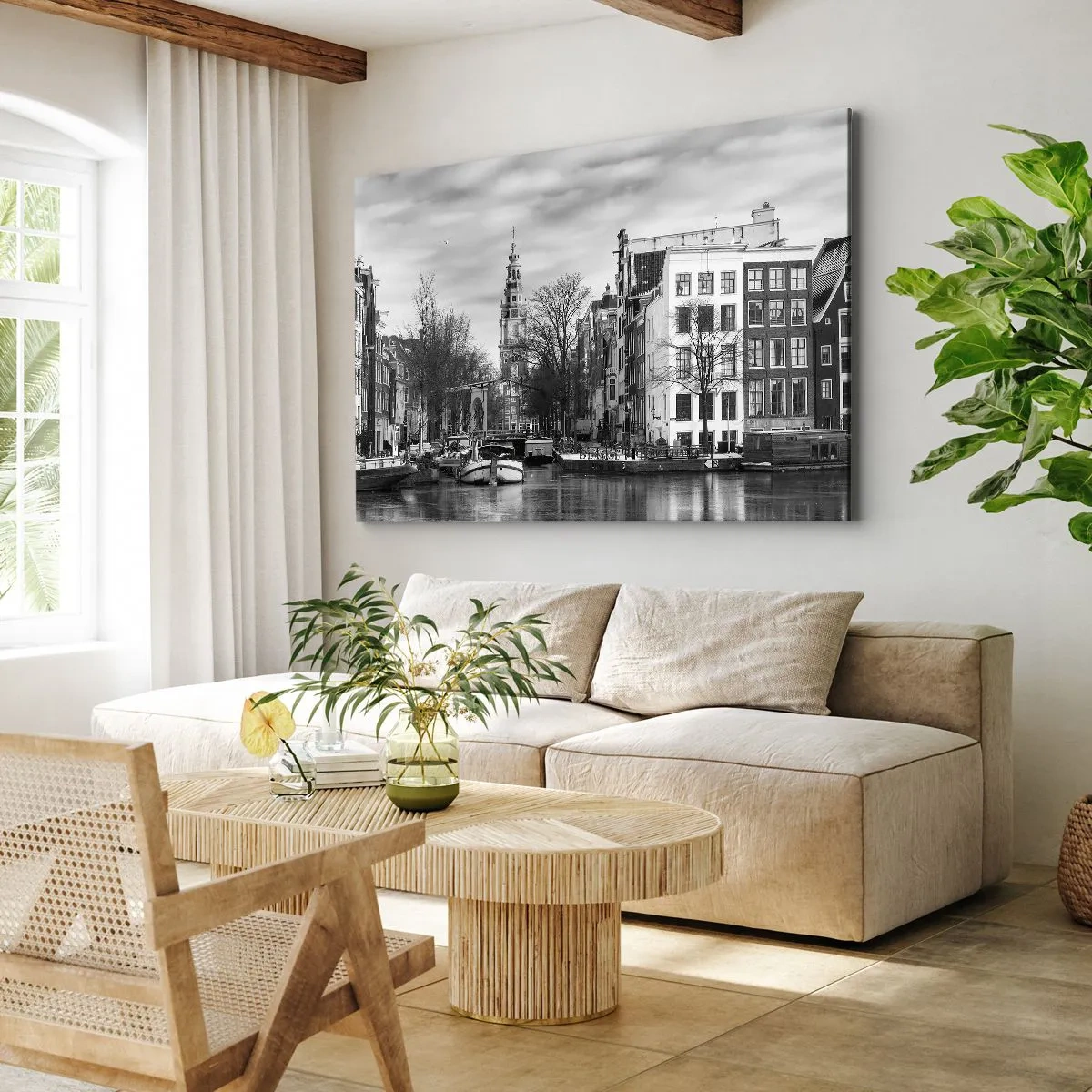 Cuadro sobre lienzo - Impresión de Imagen - Panorama en blanco y negro de Ámsterdam con canal y edificios históricos - 120x80cm - Ambiente de Ámsterdam - Decoración de pared moderna para salón y dormitorio ARTTOR