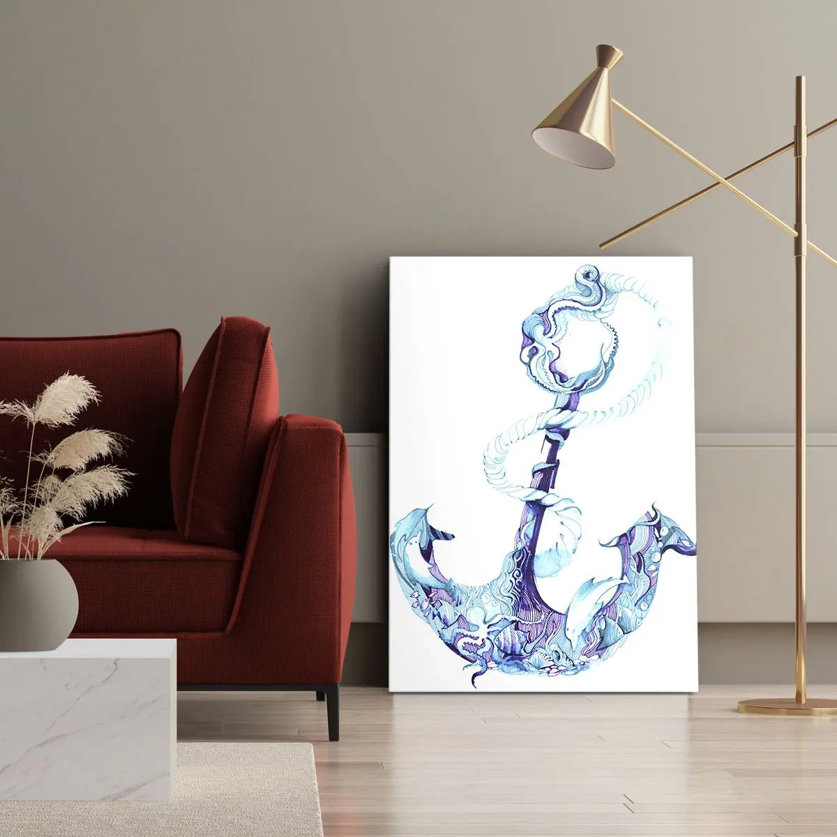 Cuadro sobre lienzo - Impresión de Imagen - Ancla abstracta en tonos azules con detalles náuticos - 50x70cm - Los secretos del mar - Decoración de pared moderna para salón y dormitorio ARTTOR