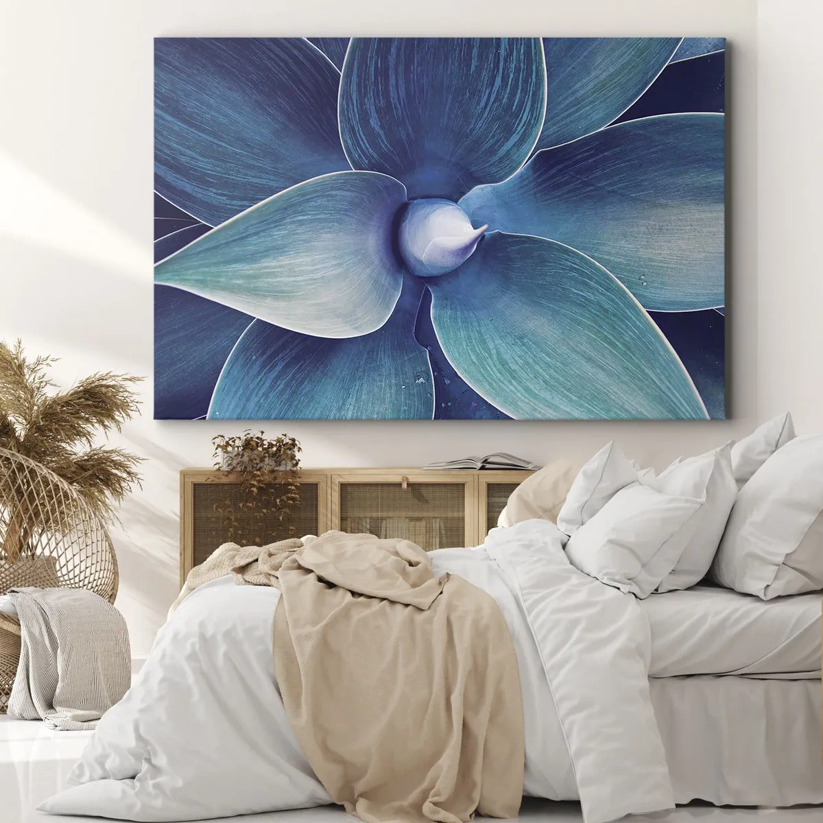 Cuadro sobre lienzo - Impresión de Imagen - Primer plano de una flor abstracta en tonos azules. - 70x50cm - Azul del cielo - Decoración de pared moderna para salón y dormitorio ARTTOR