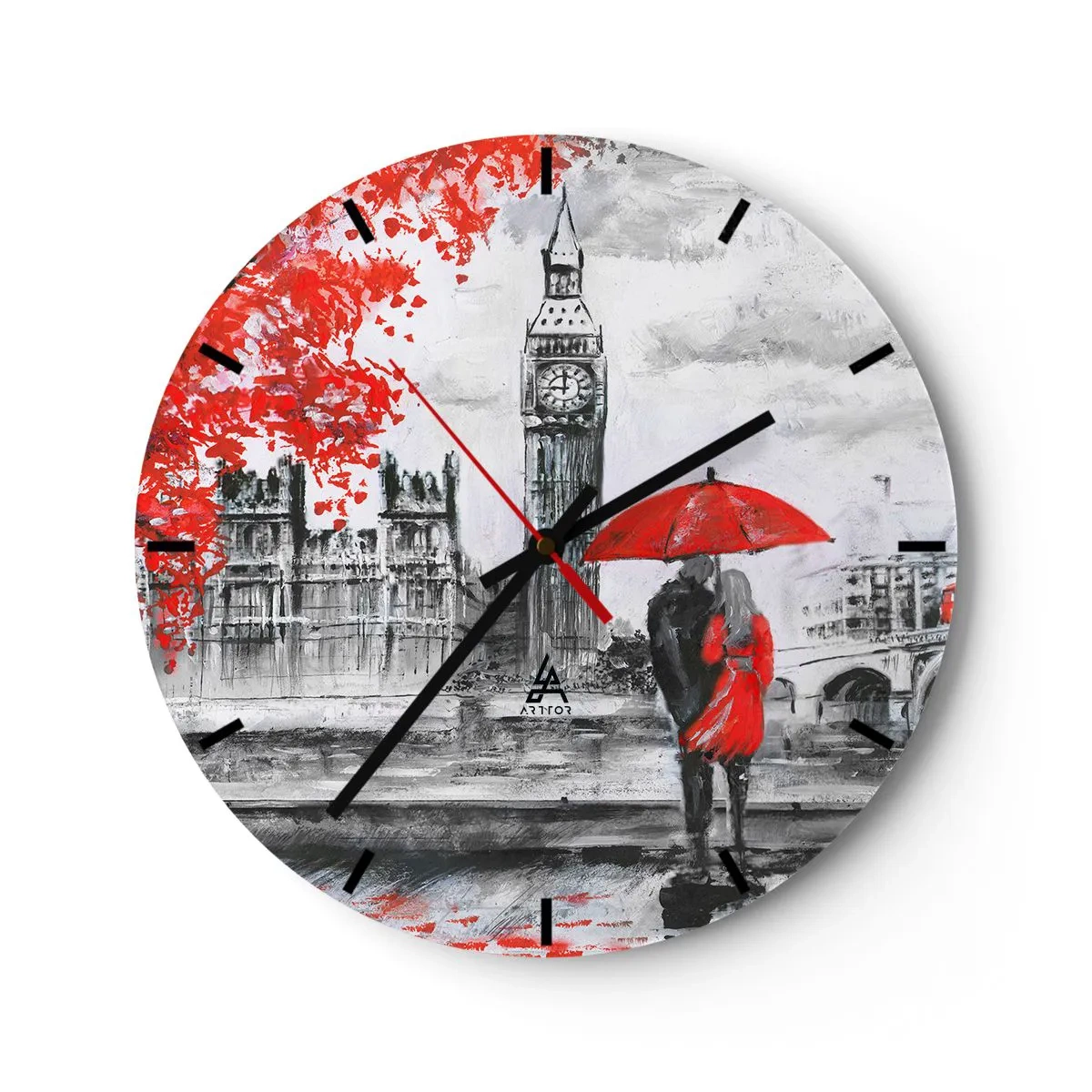 Reloj de pared - Reloj de vidrio - Una pareja bajo un paraguas rojo con el Big Ben y las Casas del Parlamento al fondo. - 30x30cm - Londres enamora - Decoración de pared moderna para salón, cocina y dormitorio ARTTOR