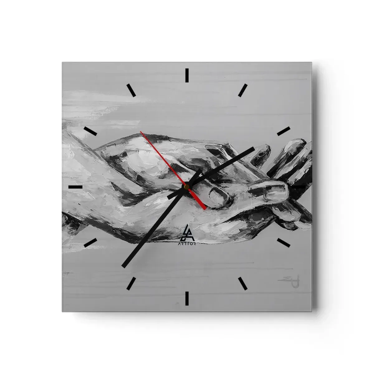 Reloj de pared - Reloj de vidrio - Una composición en blanco y negro de dos manos entrelazadas sobre un fondo claro. - 30x30cm - El comienzo... - Decoración de pared moderna para salón y dormitorio ARTTOR
