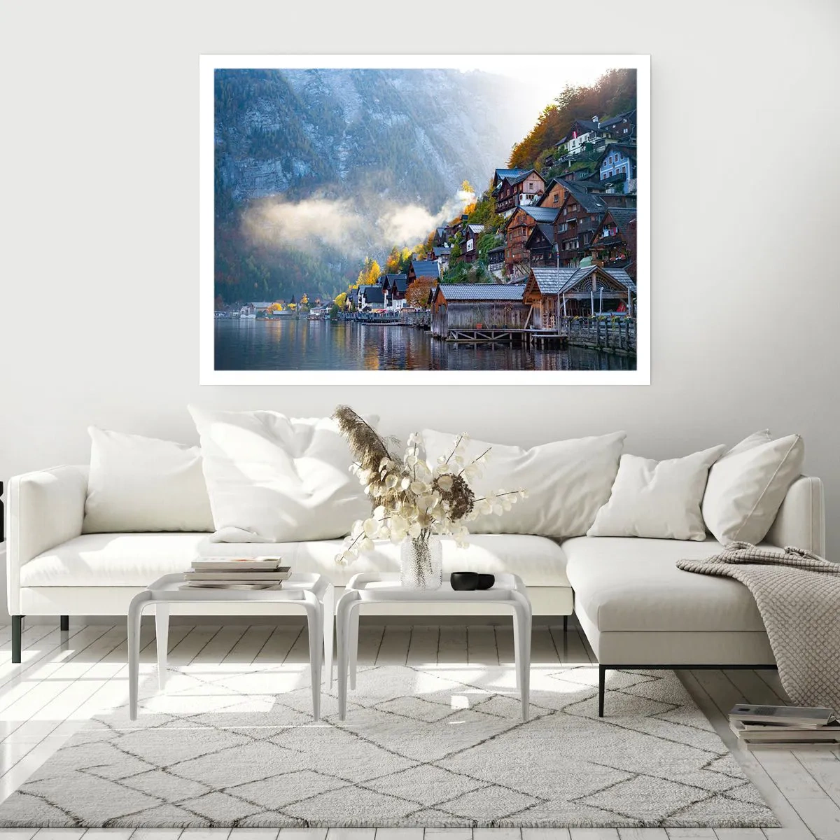 Póster - Un pueblo de montaña junto a un lago en un paisaje otoñal. - 100x70cm - Ambiente alpino - Decoración de pared moderna para salón y dormitorio ARTTOR