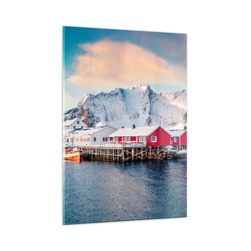 Cuadro sobre vidrio - Impresiones sobre Vidrio - Cabañas de pescadores rojas en el fiordo con montañas al fondo - 50x70cm - Un retiro en el norte - Decoración de pared moderna para salón y dormitorio ARTTOR
