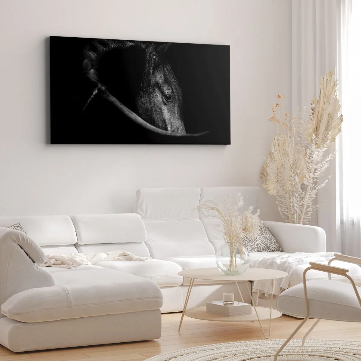 Cuadro sobre lienzo - Impresión de Imagen - Un retrato en blanco y negro de un caballo con un sutil juego de luces y sombras sobre un fondo oscuro. - 120x50cm - Príncipe negro - Decoración de pared moderna para salón y dormitorio ARTTOR