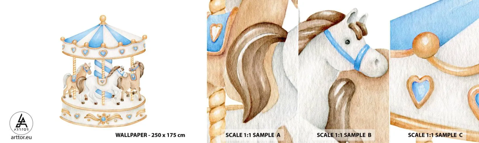 Muestra de fotomural autoadhesivo Deluxe Sticker - Dulce infancia - Caballos, tiovivo, Para niños - 100x30 cm