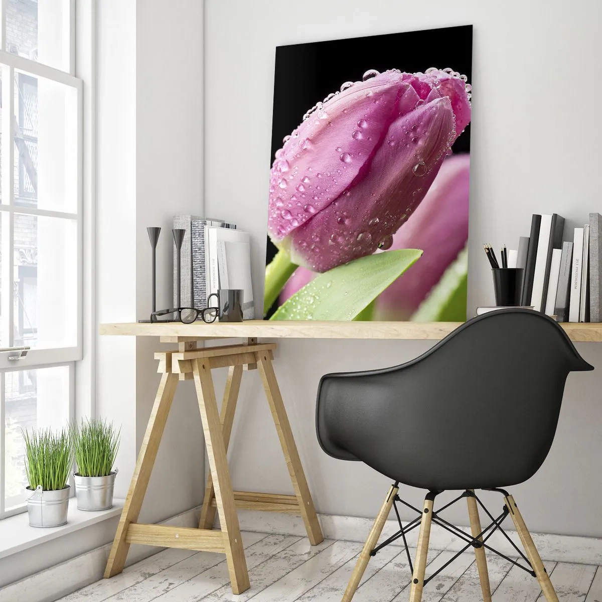 Cuadro sobre vidrio - Impresiones sobre Vidrio - Tulipanes rosados cubiertos de gotas de rocío sobre un fondo negro. - 50x70cm - Un sueño de lilas en el rocío - Decoración de pared moderna para salón y dormitorio ARTTOR