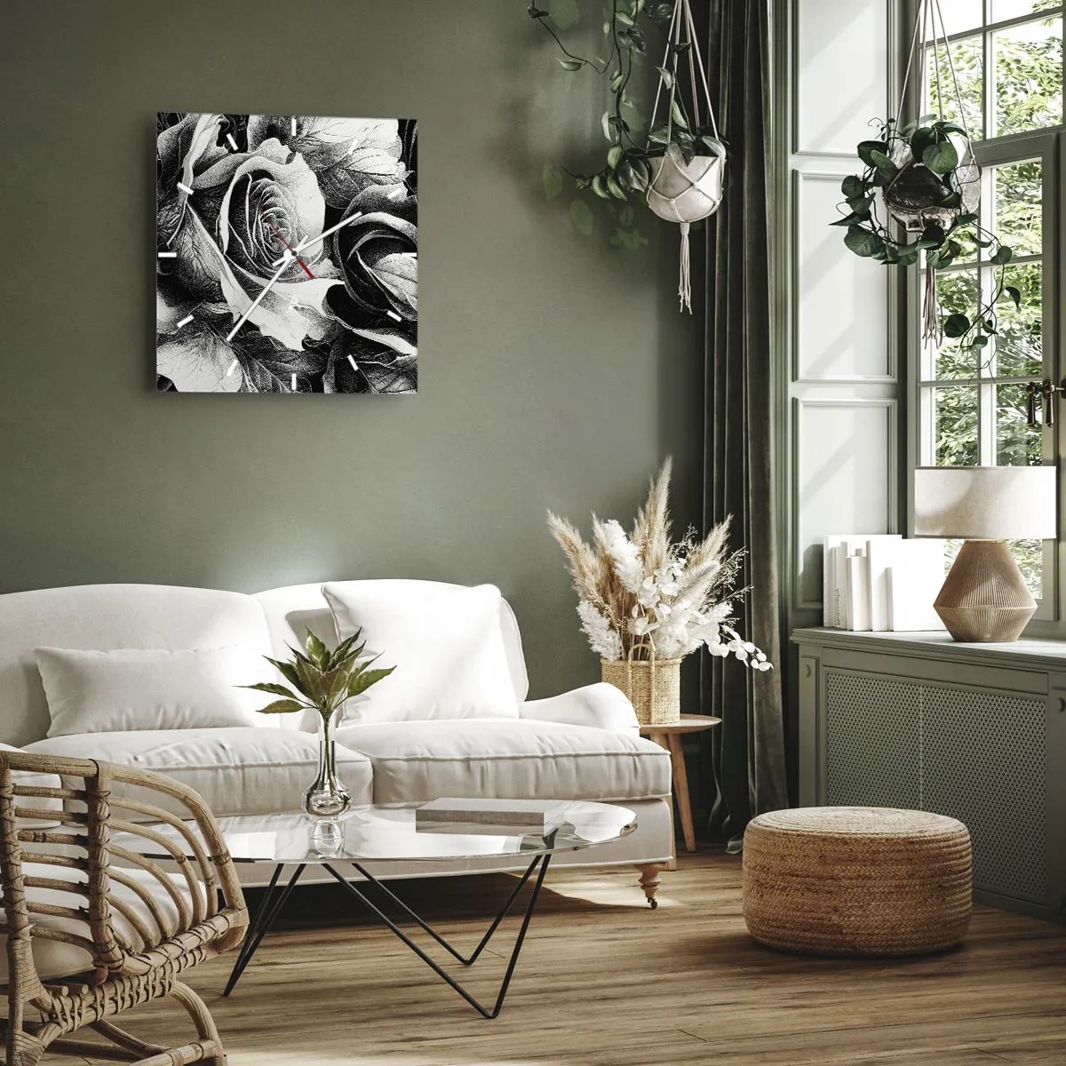 Reloj de pared - Reloj de vidrio - Rosas blancas y negras en una elegante composición. - 30x30cm - Siempre como una reina - Decoración de pared moderna para salón y dormitorio ARTTOR