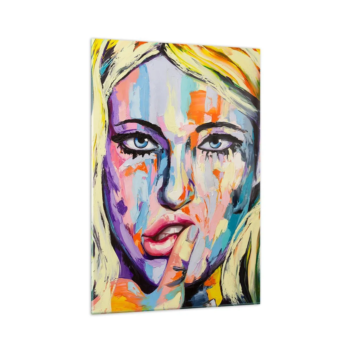 Cuadro sobre vidrio - Impresiones sobre Vidrio - Retrato colorido de una mujer en estilo abstracto. - 70x100cm - Mírala a los ojos - Decoración de pared moderna para salón y dormitorio ARTTOR