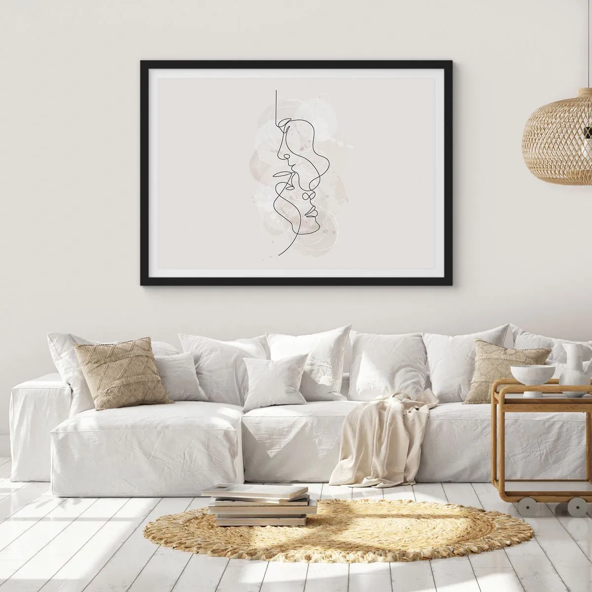 Póster en marco negro - Esquema abstracto de dos caras sobre un fondo claro - 70x50cm - En un abrazo - Decoración de pared moderna para salón y dormitorio ARTTOR