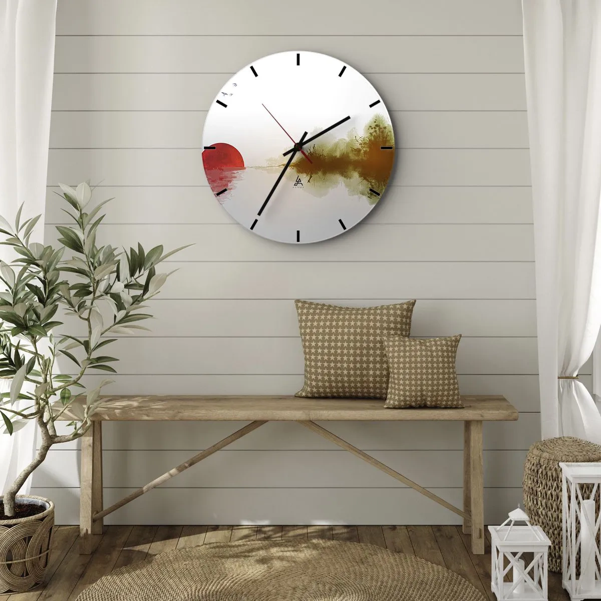 Reloj de pared - Reloj de vidrio - Un paisaje minimalista con sol rojo y reflejo. - 30x30cm - Una promesa de paz - Decoración de pared moderna para salón, cocina y dormitorio ARTTOR