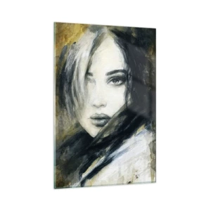 Cuadro sobre vidrio - Impresiones sobre Vidrio - Retrato de una mujer sobre un fondo de manchas abstractas en tonos beige. - 80x120cm - Inocente y sensual - Decoración de pared moderna para salón y dormitorio ARTTOR