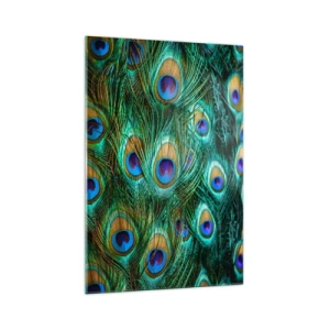 Cuadro sobre vidrio - Impresiones sobre Vidrio - Detalles de plumas de pavo real en ricos colores. - 70x100cm - Mirada de pavo real - Decoración de pared moderna para salón y dormitorio ARTTOR
