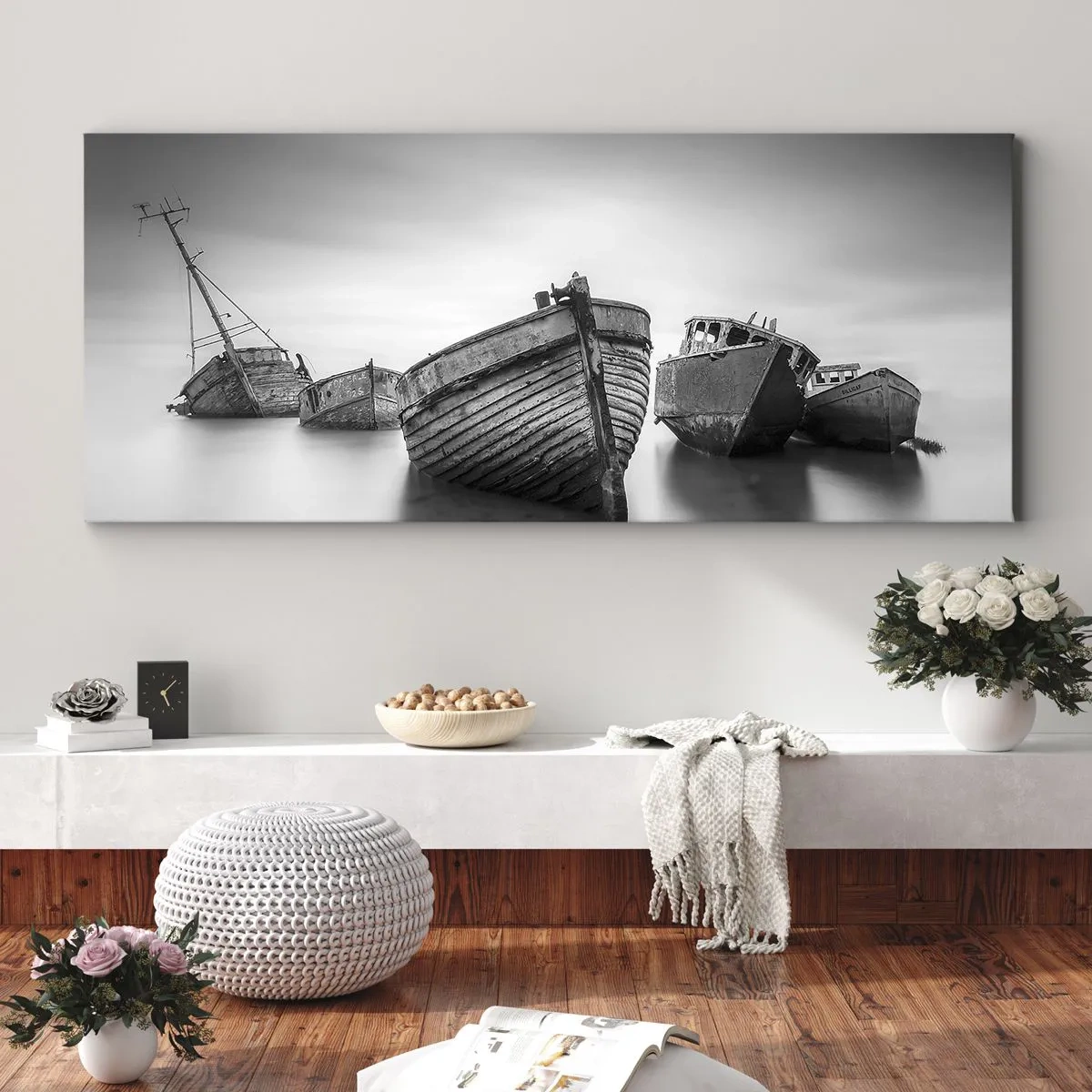 Cuadro sobre lienzo - Impresión de Imagen - Barcos abandonados en aguas tranquilas - 120x50cm - Ahora solo quedan los recuerdos... - Decoración de pared moderna para salón y dormitorio ARTTOR