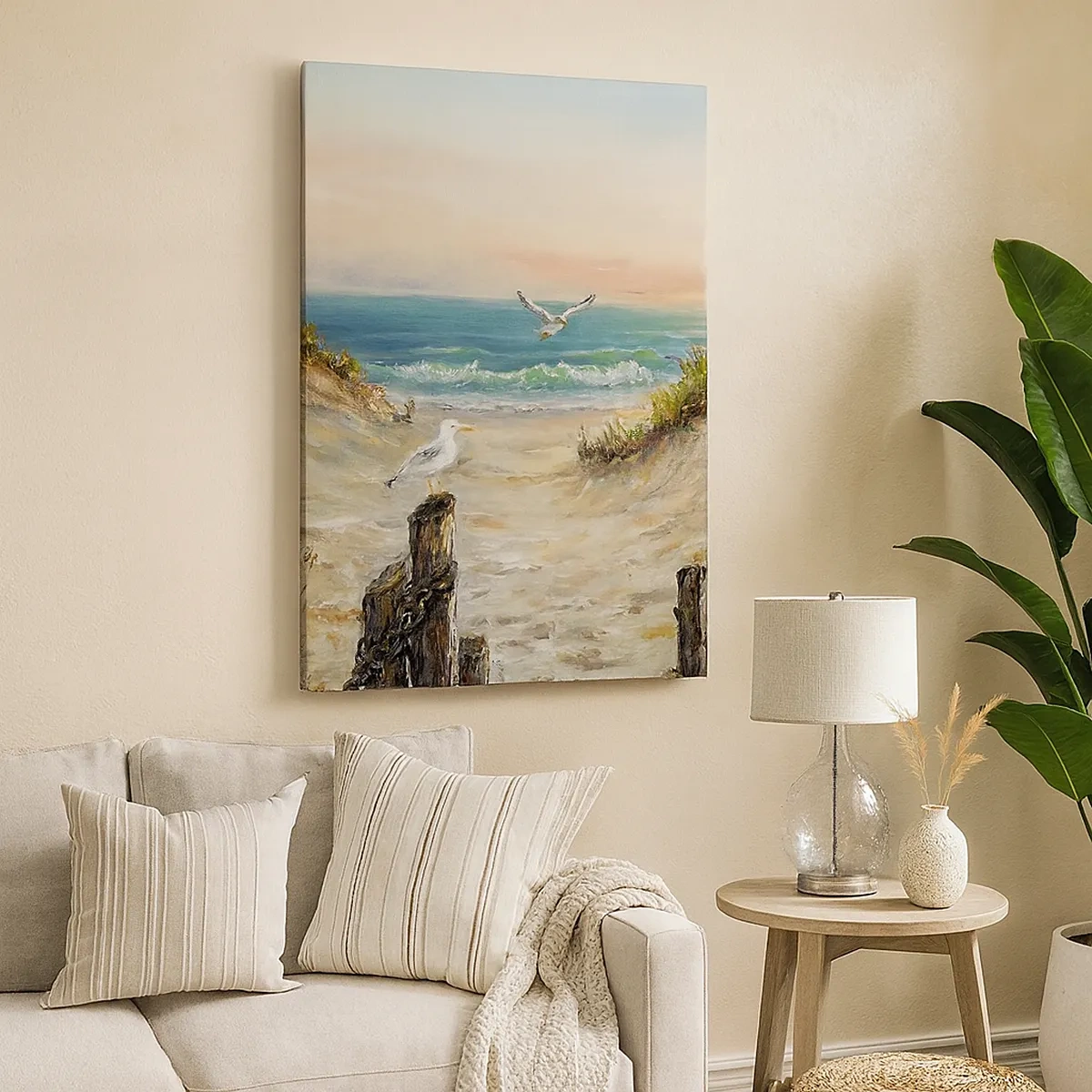 Cuadro sobre lienzo - Impresión de Imagen - Costa con gaviotas y dunas al atardecer - 50x70cm - Un retiro ventoso - Decoración de pared moderna para salón y dormitorio ARTTOR