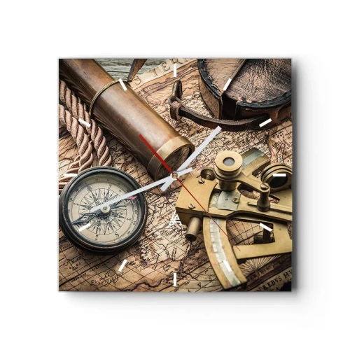 Reloj de pared - Reloj de vidrio - Una brújula, un sextante y un telescopio sobre el fondo de un mapa antiguo y una cuerda náutica. - 30x30cm - Establecer un rumbo - Decoración de pared moderna para salón y dormitorio ARTTOR