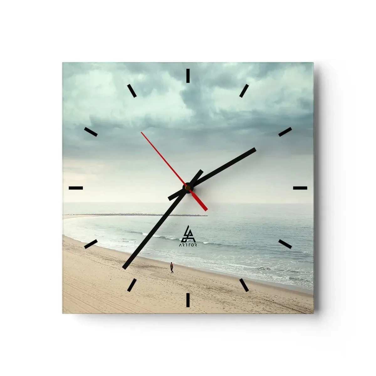 Reloj de pared - Reloj de vidrio - Una figura solitaria en una playa desierta junto a un mar en calma. - 30x30cm - En busca de la paz - Decoración de pared moderna para salón y dormitorio ARTTOR