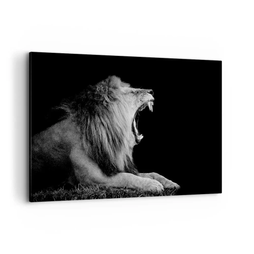Cuadro sobre lienzo - Impresión de Imagen - Un león rugiente sobre un fondo negro en tonos blanco y negro. - 120x80cm - Sin duda alguna - Decoración de pared moderna para salón y dormitorio ARTTOR