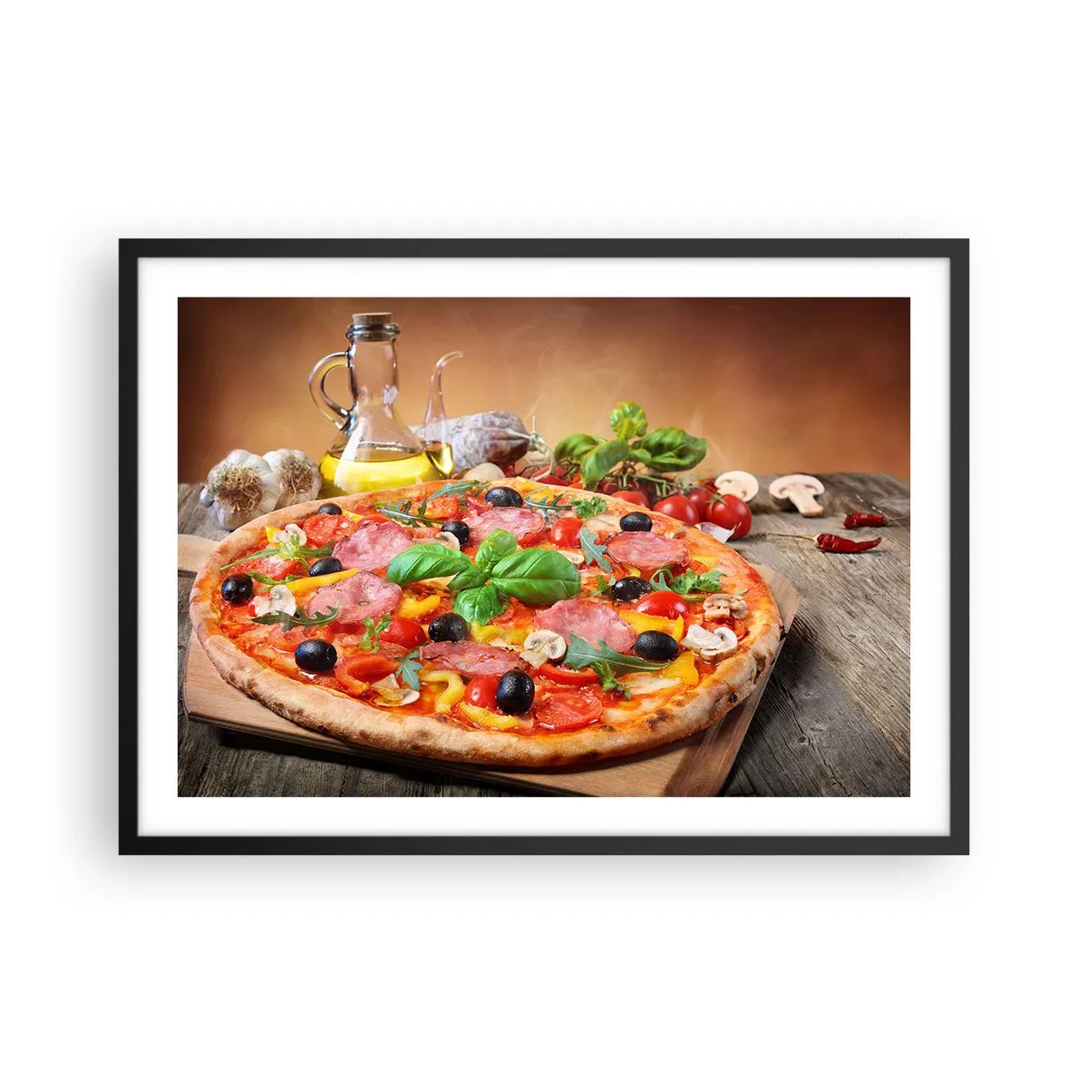 Póster en marco negro - Deliciosa pizza en una mesa de madera con ingredientes. - 70x50cm - Con un verdadero sabor italiano - Decoración de pared moderna para salón y dormitorio ARTTOR