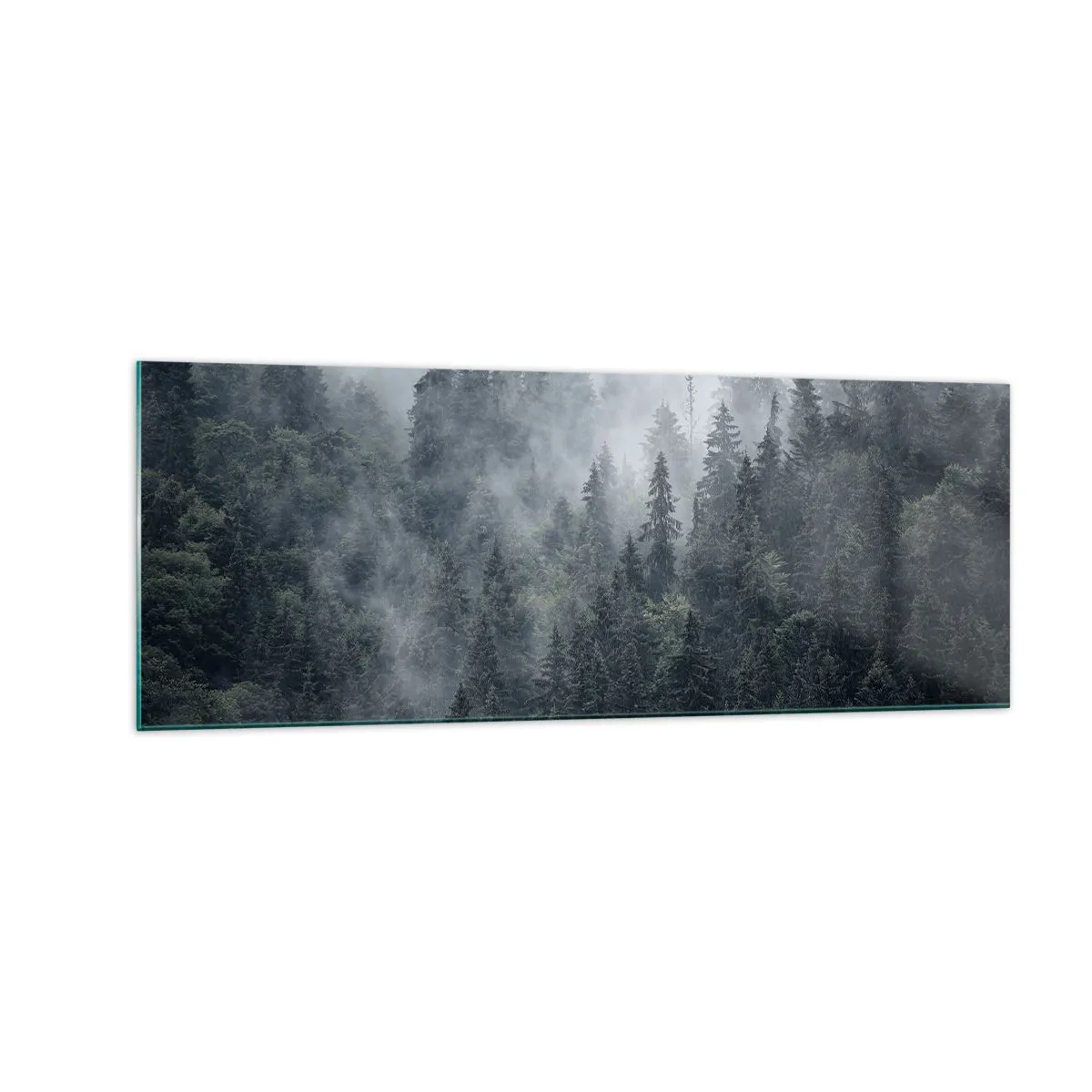 Cuadro sobre vidrio - Impresiones sobre Vidrio - Bosque de coníferas brumoso en tonos grises y verdes. - 140x50cm - Amanecer en el bosque - Decoración de pared moderna para salón y dormitorio ARTTOR