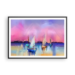 Póster en marco negro - Veleros en un mar tranquilo en los colores pastel del atardecer. - 100x70cm - Dirección alta mar - Decoración de pared moderna para salón y dormitorio ARTTOR