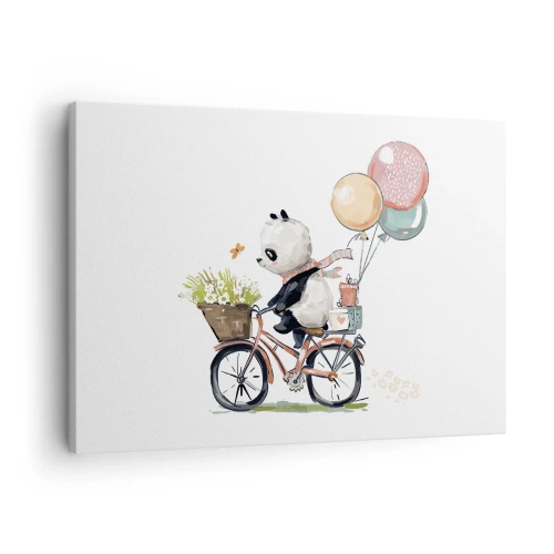 Cuadro sobre lienzo - Impresión de Imagen - Panda en bicicleta con globos y flores. - 70x50cm - Un día feliz - Decoración de pared moderna para salón y dormitorio ARTTOR