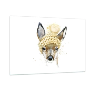 Cuadro sobre vidrio - Impresiones sobre Vidrio - Un corzo con un gorro de lana y pompón. - 120x80cm - Para el invierno en un bosque nevado - Decoración de pared moderna para salón y dormitorio ARTTOR