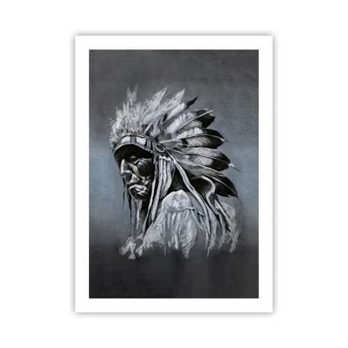 Póster - Retrato de un jefe indio con un tocado de plumas sobre un fondo gris - 50x70cm - Regreso a las raíces - Decoración de pared moderna para salón y dormitorio ARTTOR